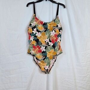Hurley Women Black Multicolor Hawaiian Tropical Print One Piece Swimsuit XXL NEW